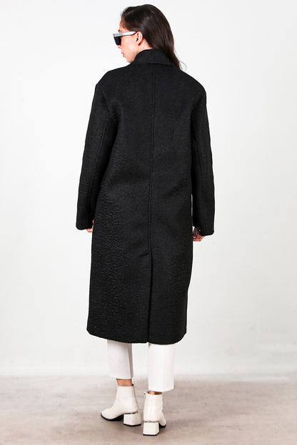 Kadın Önü Düğmeli Uzun Kaşe Kaban Siyah