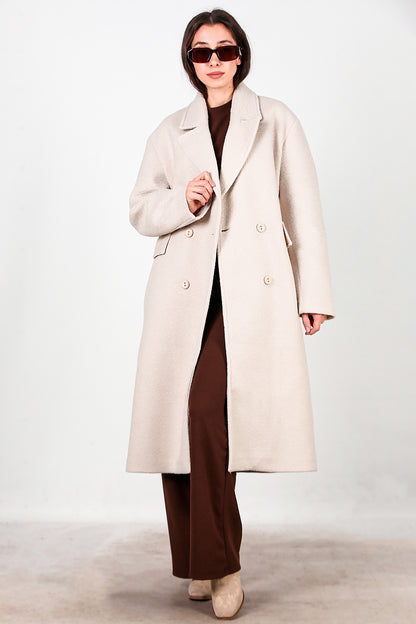 Kadın Önü Düğmeli Uzun Kaşe Kaban Taş