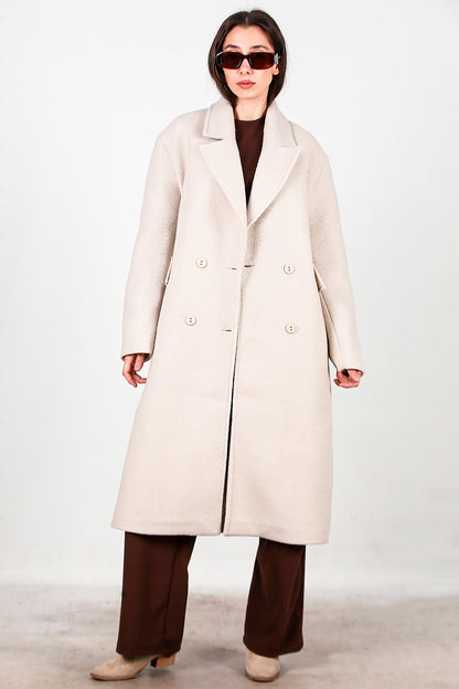 Kadın Önü Düğmeli Uzun Kaşe Kaban Taş