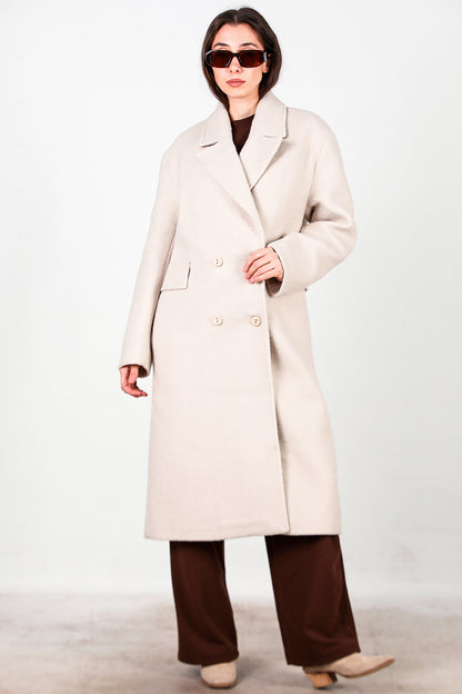 Kadın Önü Düğmeli Uzun Kaşe Kaban Taş