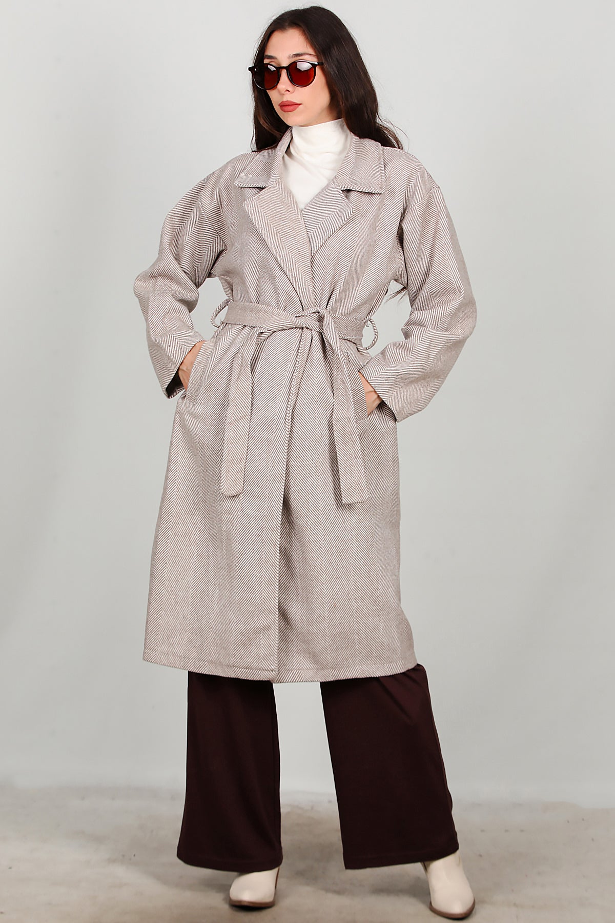 Kadın Uzun Kaşe Kaban Bej