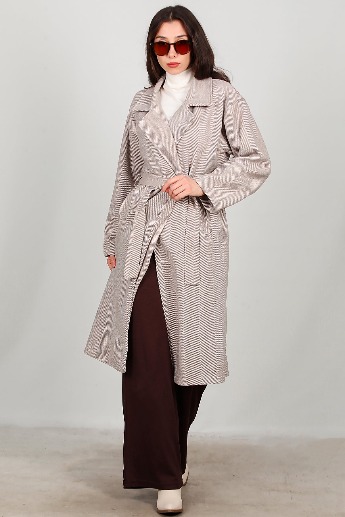 Kadın Uzun Kaşe Kaban Bej