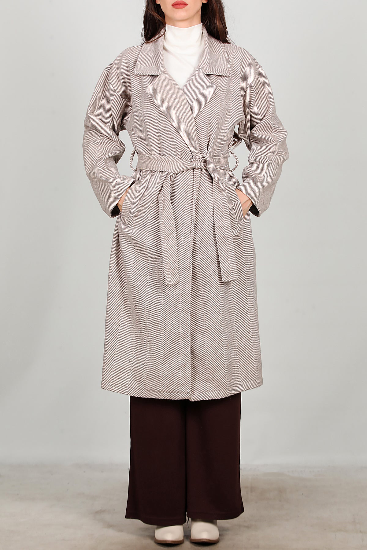 Kadın Uzun Kaşe Kaban Bej