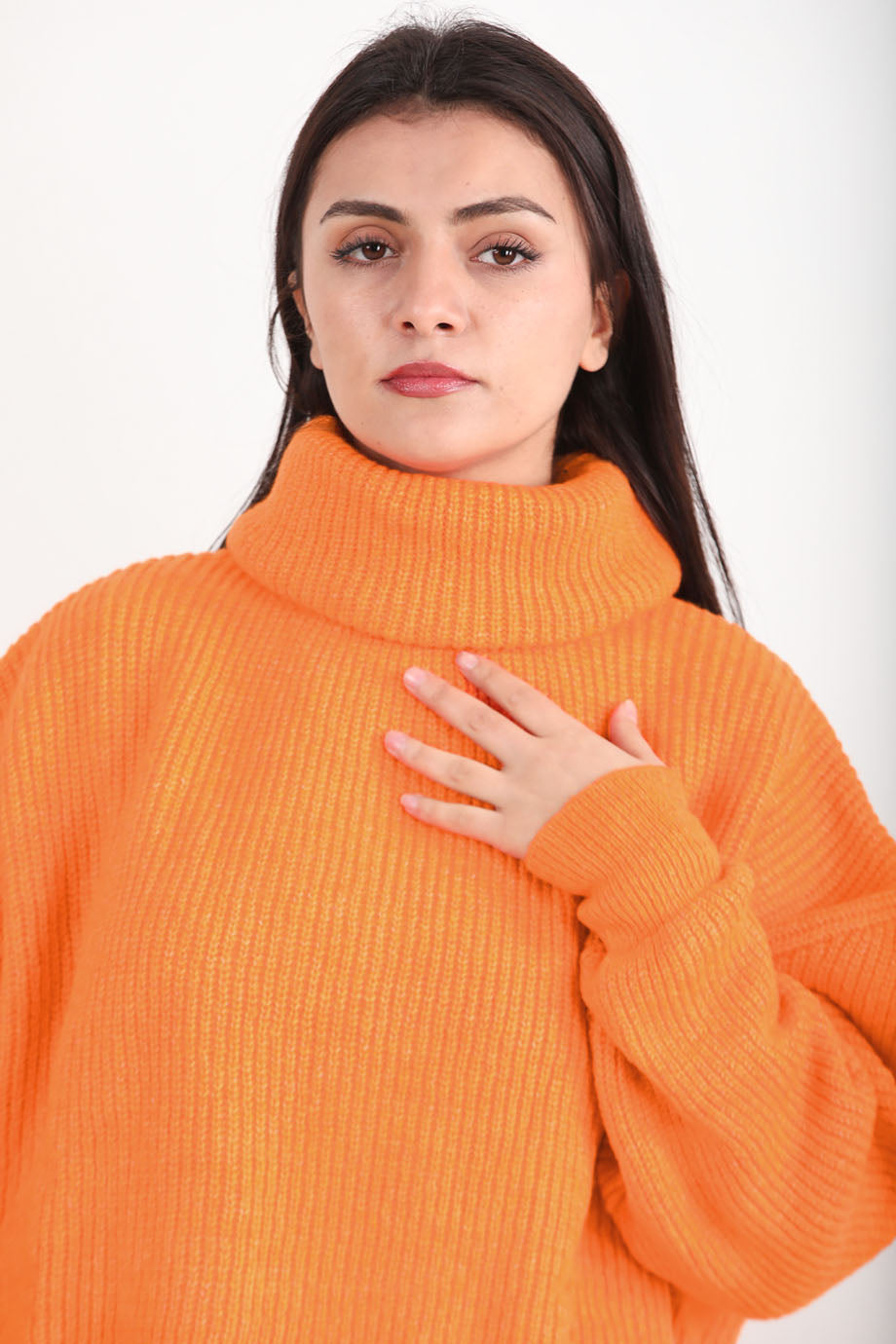 Softfleece Kadın Balıkçı Yaka Triko Kazak  Turuncu