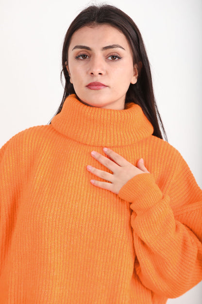 Softfleece Kadın Balıkçı Yaka Triko Kazak  Turuncu