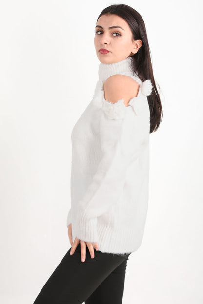 Florena Kadın Omzu Çiçek Detay Triko Kazak Ekru