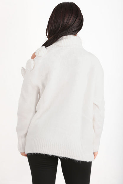 Florena Kadın Omzu Çiçek Detay Triko Kazak Ekru