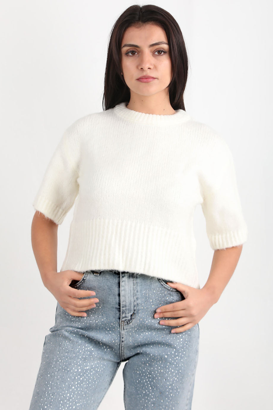 Pureva Kadın Yarım Kol Örme Kazak Ekru