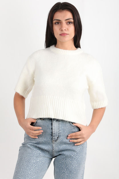 Pureva Kadın Yarım Kol Örme Kazak Ekru