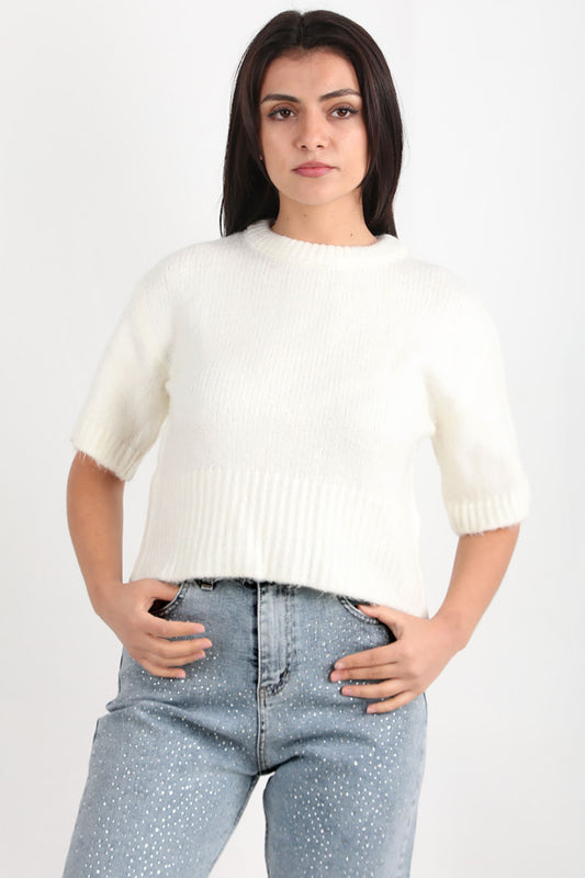 Pureva Kadın Yarım Kol Örme Kazak Ekru