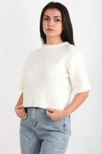 Pureva Kadın Yarım Kol Örme Kazak Ekru
