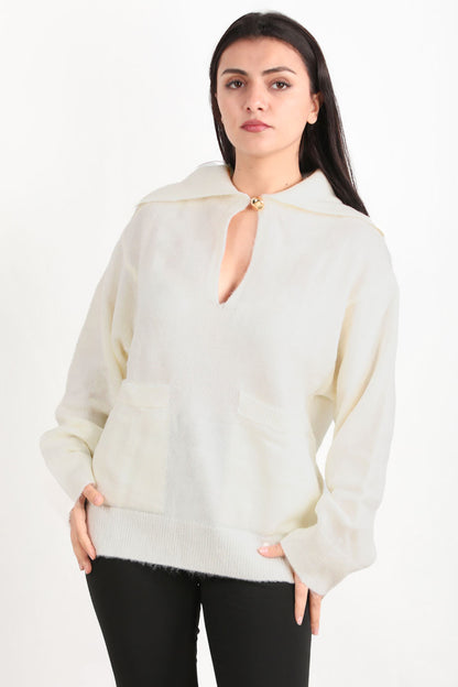 Knitelle Kadın Düğme Detaylı Kazak Ekru