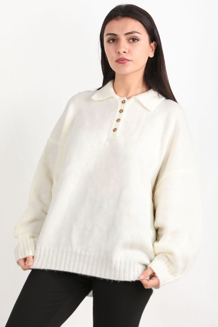 Poline Kadın Polo Yaka Triko Kazak Ekru