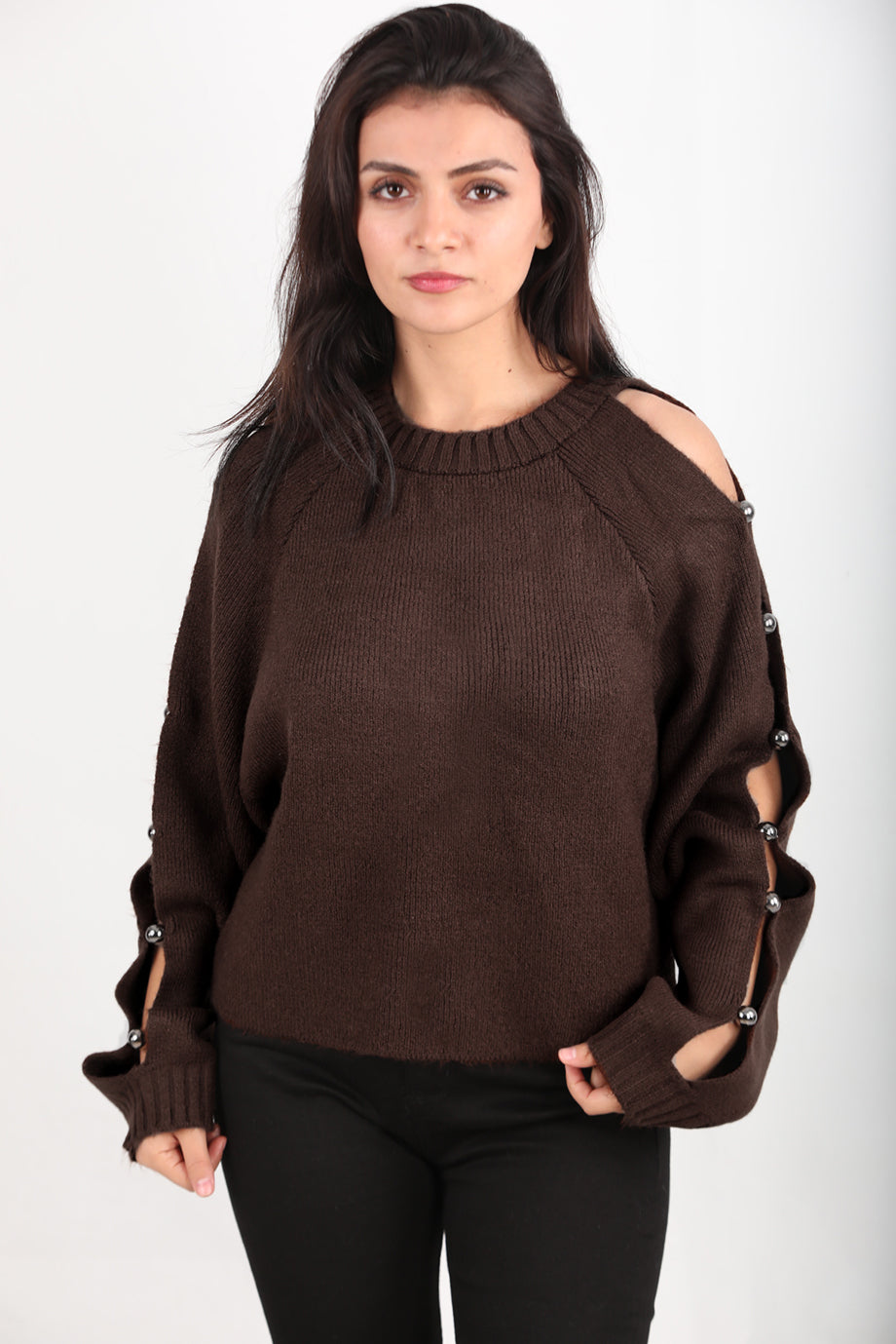 Kadın Kol Detay Triko Kazak Kahverengi