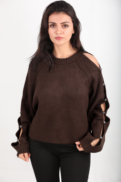 Kadın Kol Detay Triko Kazak Kahverengi
