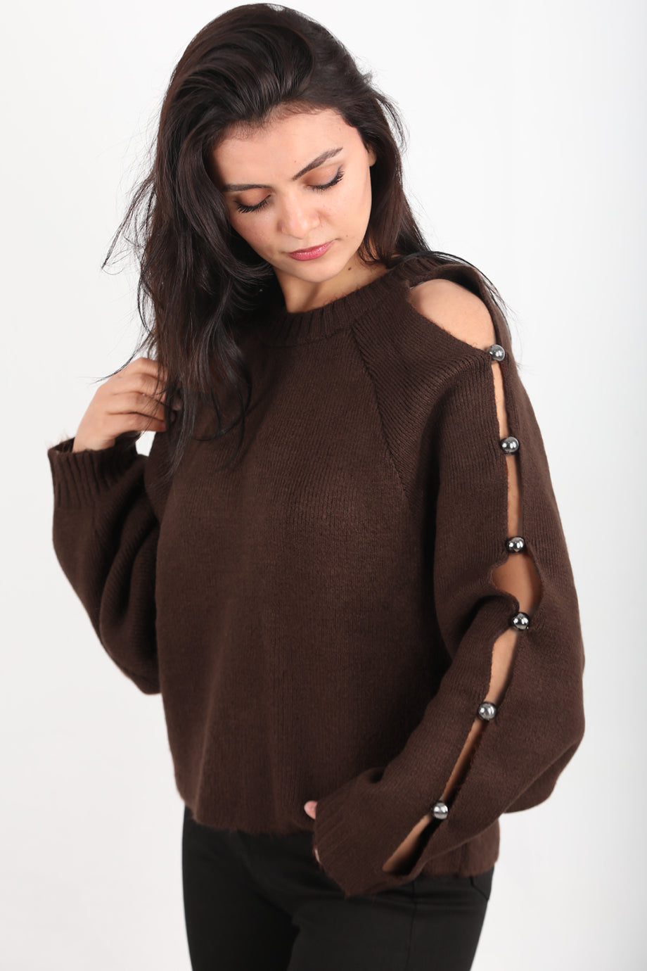 Kadın Kol Detay Triko Kazak Kahverengi