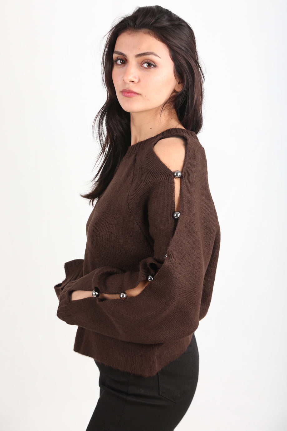 Kadın Kol Detay Triko Kazak Kahverengi