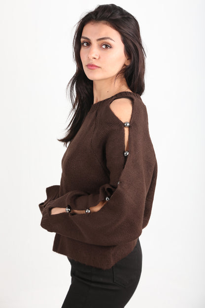Kadın Kol Detay Triko Kazak Kahverengi