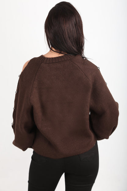 Kadın Kol Detay Triko Kazak Kahverengi