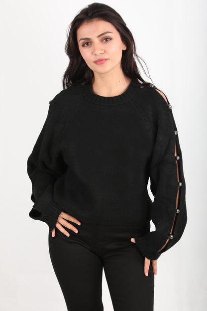 Kadın Kol Detay Triko Kazak Siyah