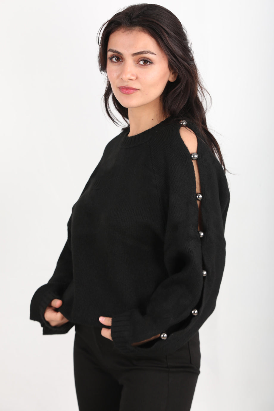 Kadın Kol Detay Triko Kazak Siyah