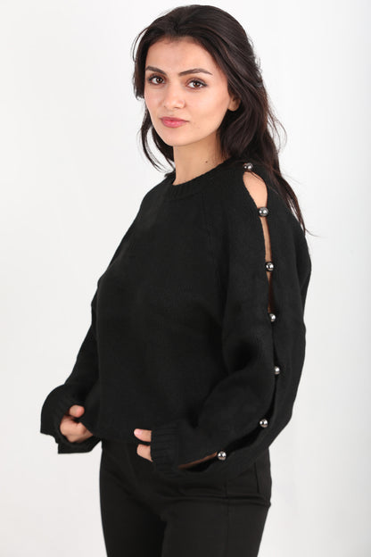 Kadın Kol Detay Triko Kazak Siyah