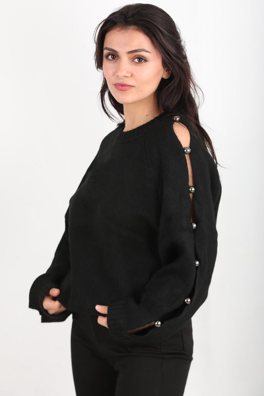 Kadın Kol Detay Triko Kazak Siyah