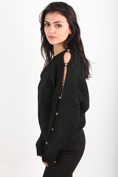 Kadın Kol Detay Triko Kazak Siyah