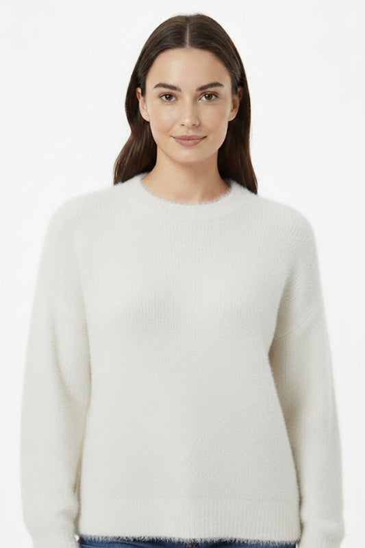 Kadın Sakallı Bisiklet Yaka Kazak Ekru