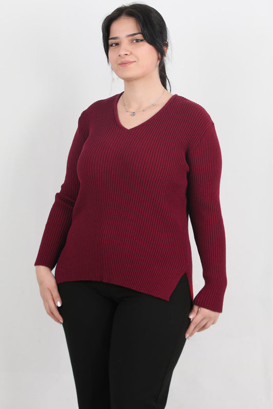 Warmth Büyük Beden V Yaka Triko Kazak Bordo