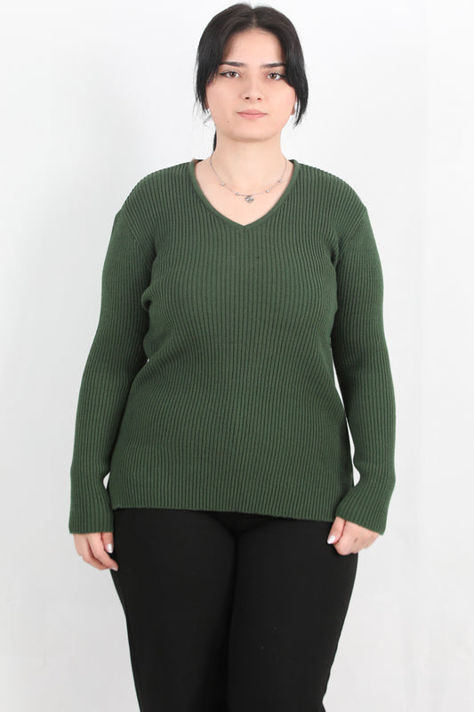 Warmth Büyük Beden V Yaka Triko Kazak Haki