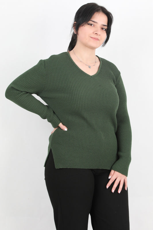 Warmth Büyük Beden V Yaka Triko Kazak Haki