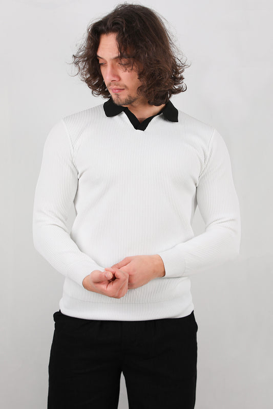 Nordic Erkek Polo Yaka Triko Kazak Beyaz