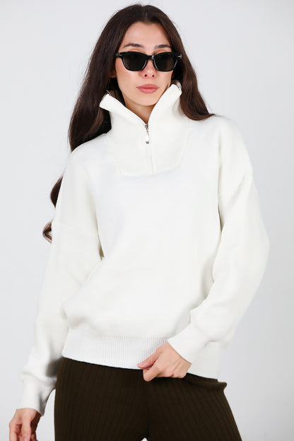 Kadın Yarım Fermuar Kazak Beyaz