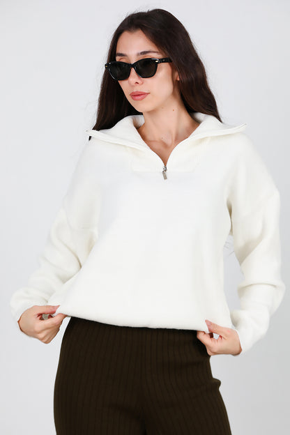 Kadın Yarım Fermuar Kazak Beyaz