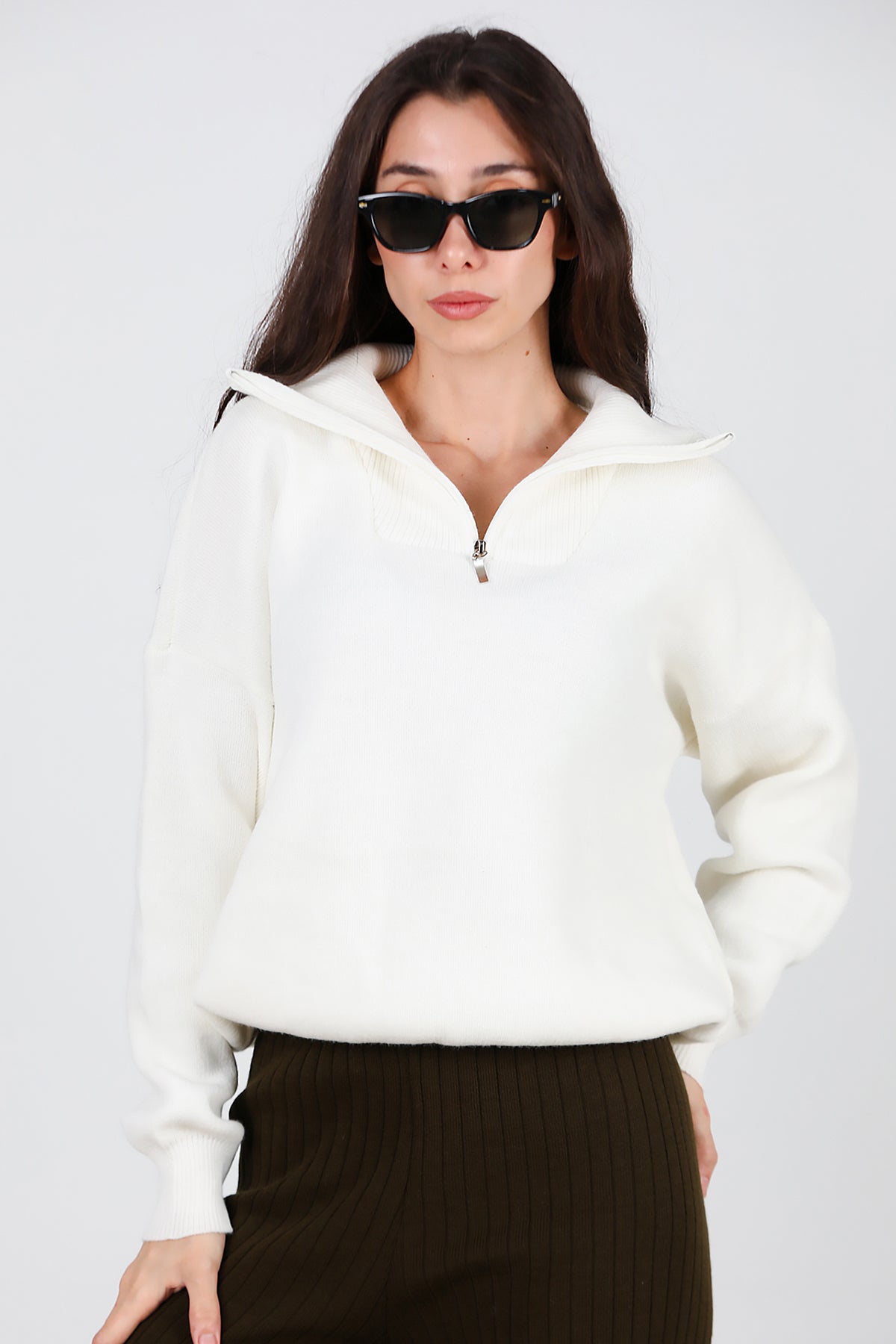 Kadın Yarım Fermuar Kazak Beyaz