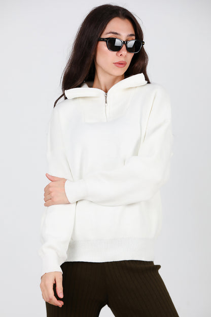 Kadın Yarım Fermuar Kazak Beyaz