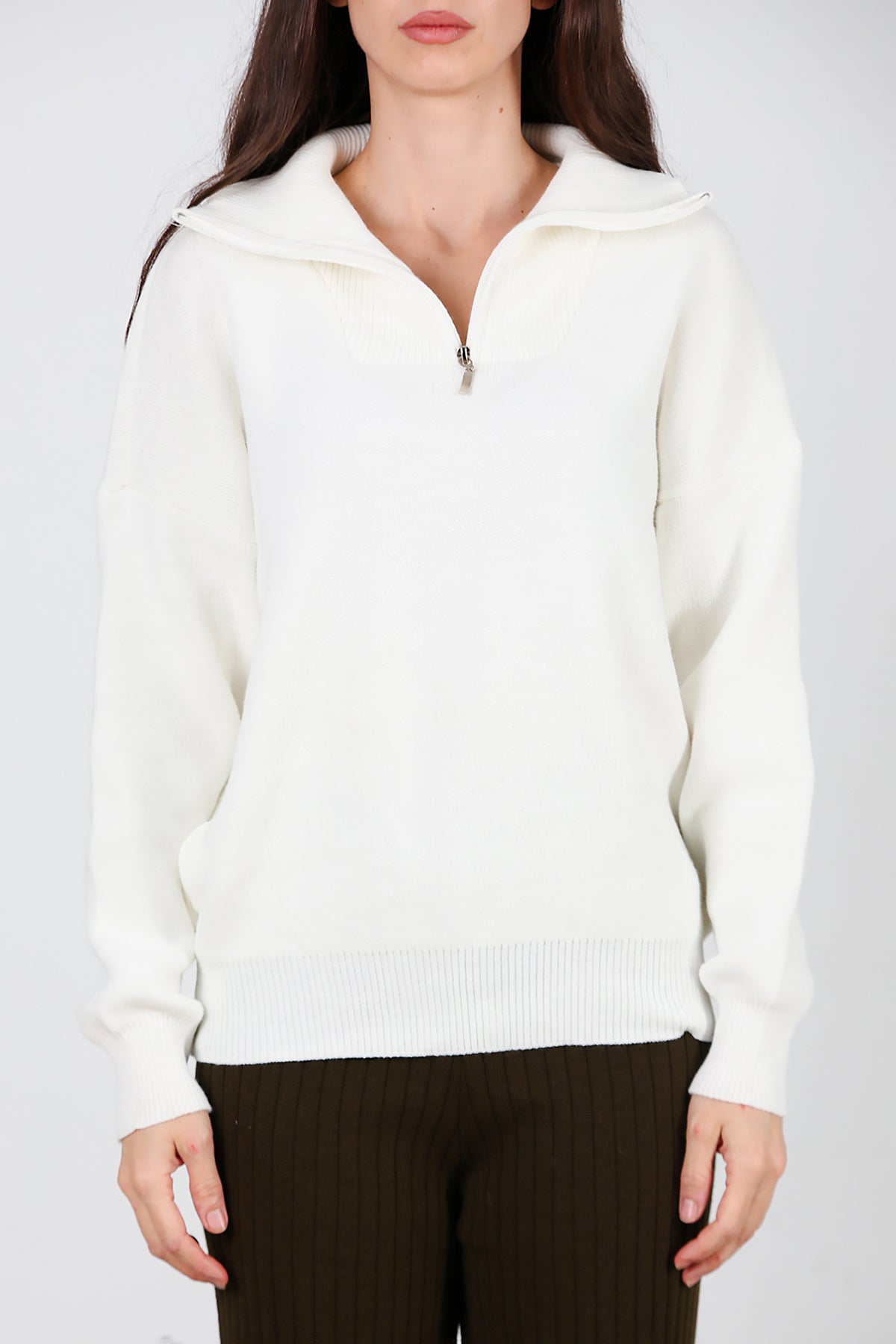 Kadın Yarım Fermuar Kazak Beyaz