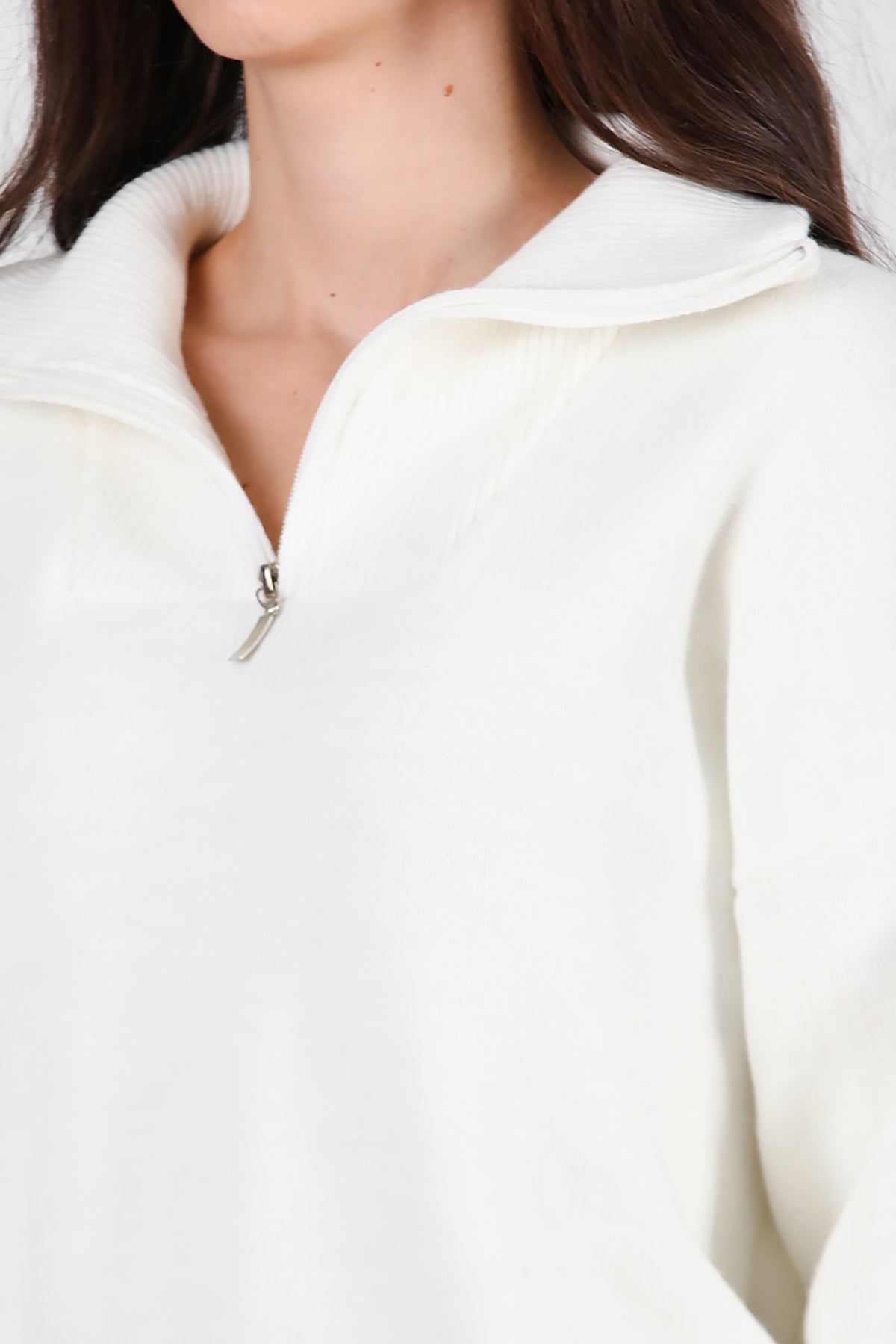 Kadın Yarım Fermuar Kazak Beyaz