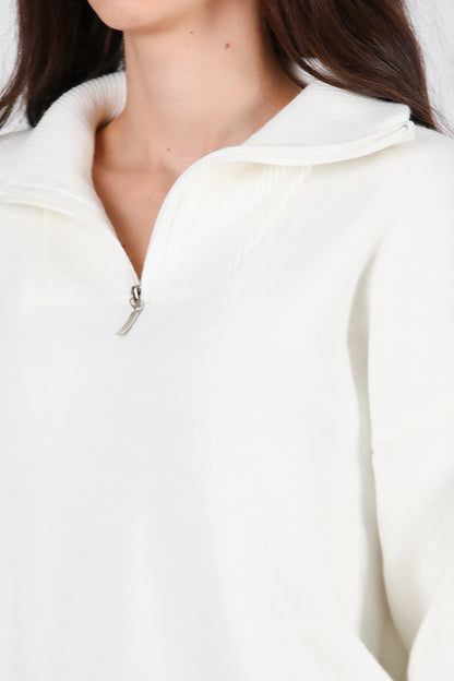 Kadın Yarım Fermuar Kazak Beyaz