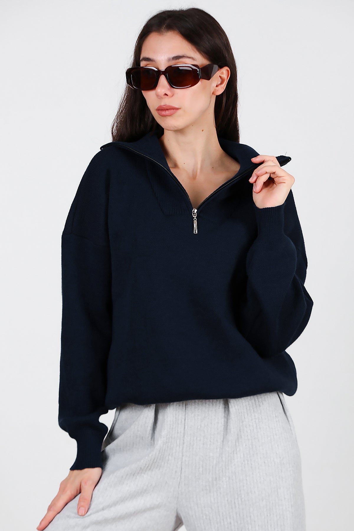 Kadın Yarım Fermuar Kazak Lacivert