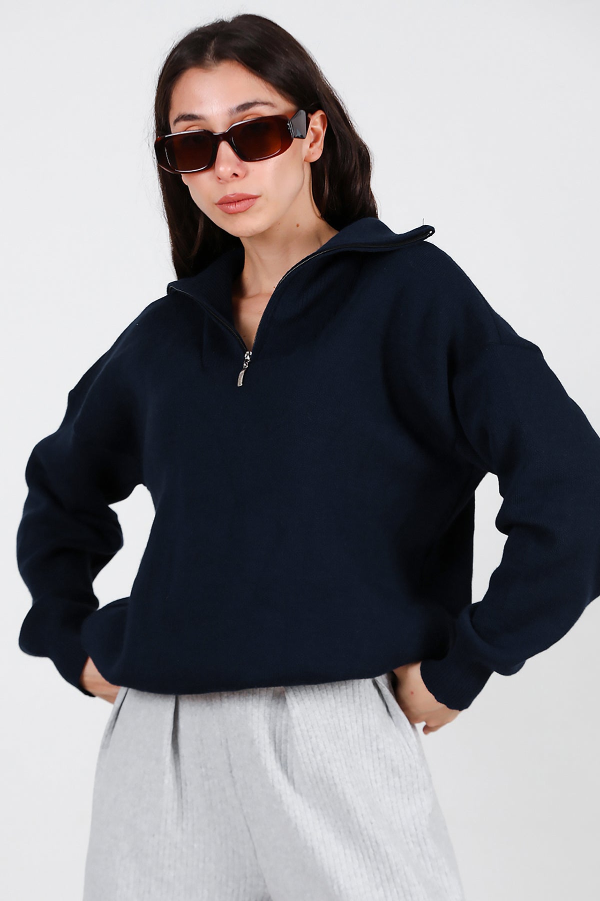 Kadın Yarım Fermuar Kazak Lacivert