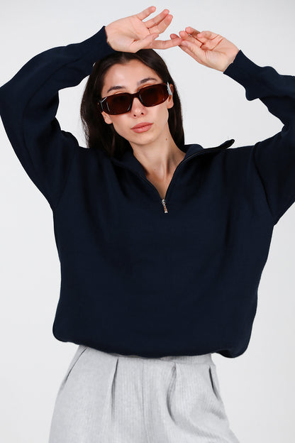 Kadın Yarım Fermuar Kazak Lacivert