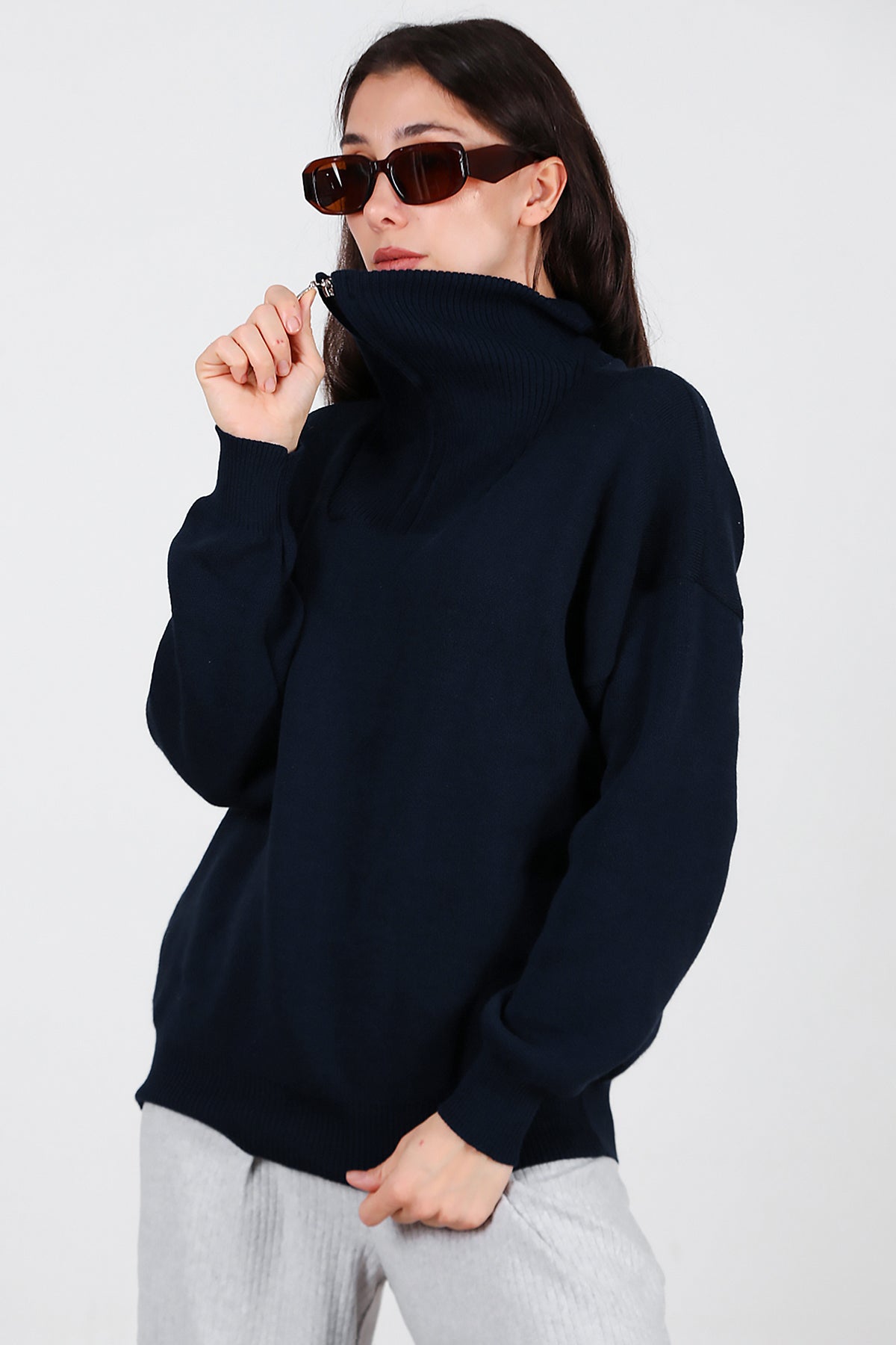 Kadın Yarım Fermuar Kazak Lacivert