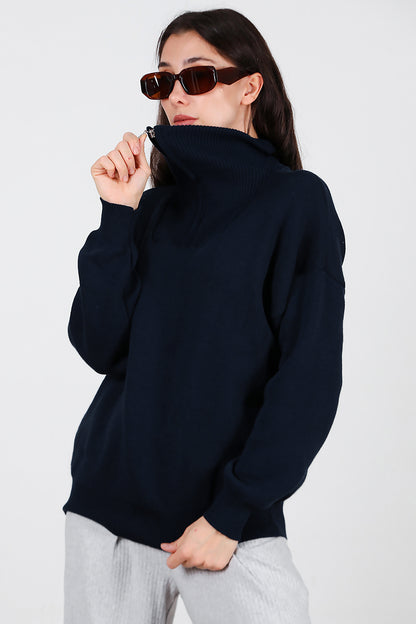 Kadın Yarım Fermuar Kazak Lacivert