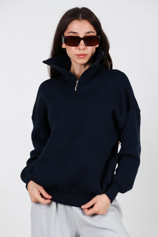 Kadın Yarım Fermuar Kazak Lacivert