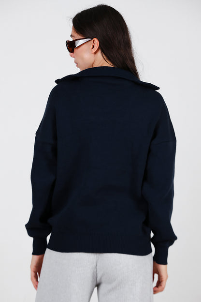 Kadın Yarım Fermuar Kazak Lacivert