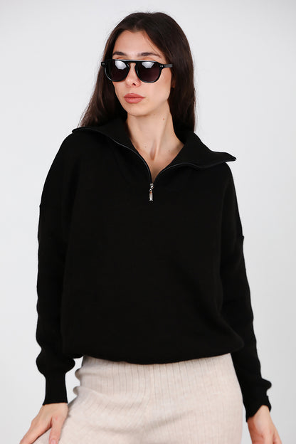 Kadın Yarım Fermuar Kazak Siyah