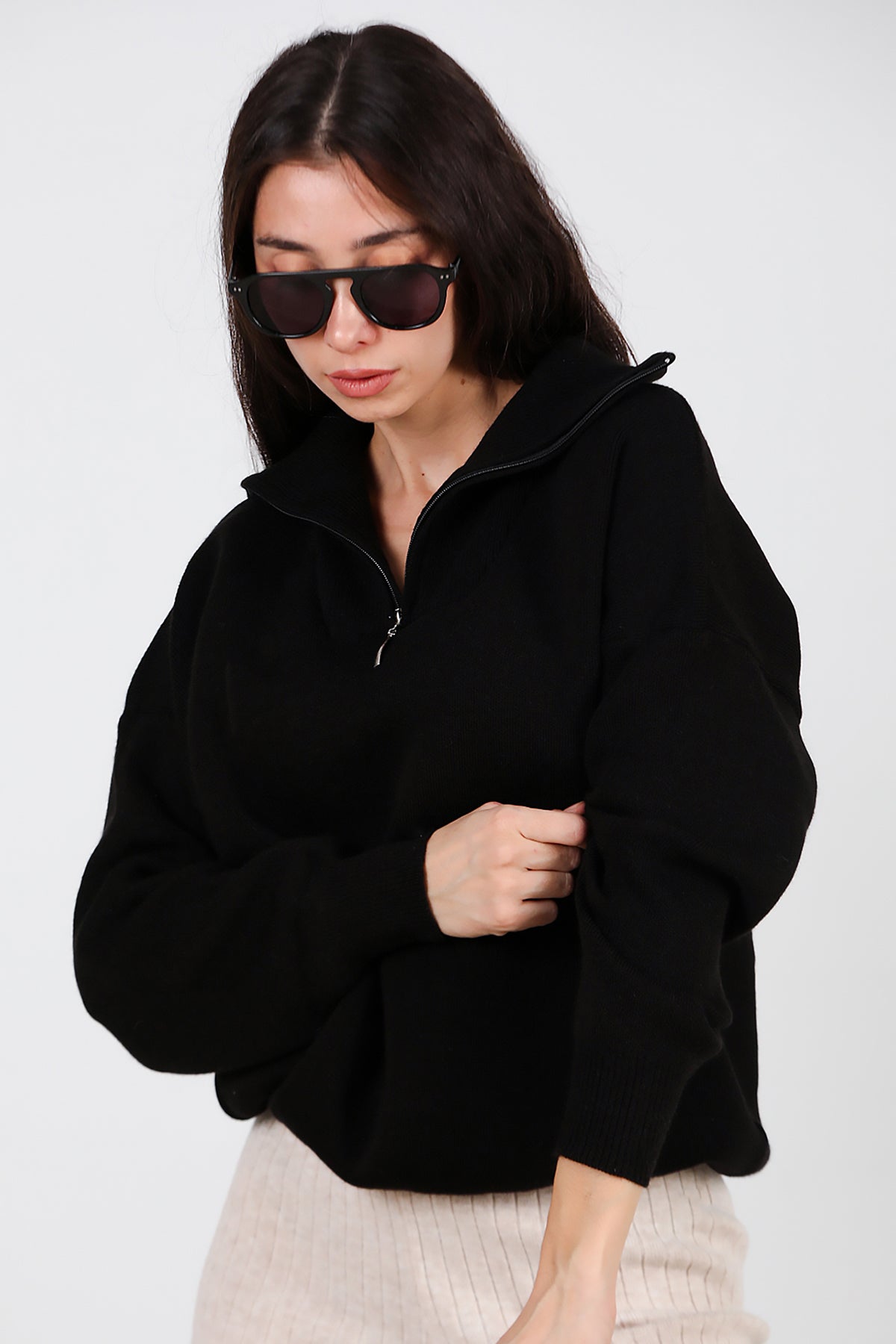 Kadın Yarım Fermuar Kazak Siyah