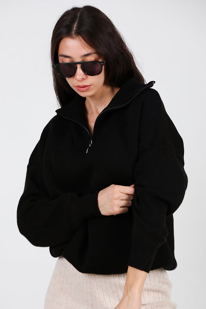 Kadın Yarım Fermuar Kazak Siyah